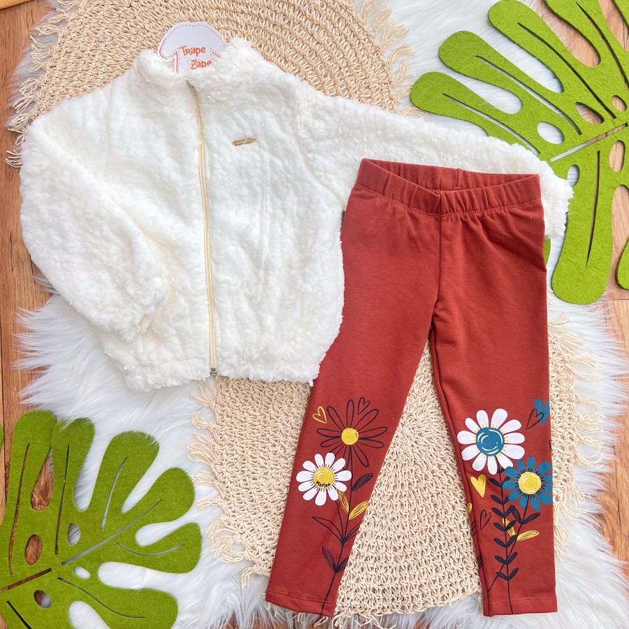  Conj. Jaqueta de Pelinho e Calça Legging Flores - Off White e Ferrugem